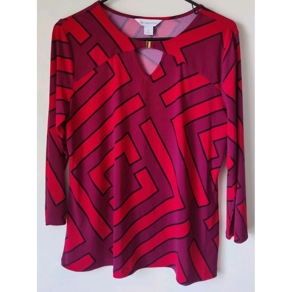 Liz Claiborne Women's 3/4 Sleeve Keyhole Neck Geometric Design Blouse Red Size M